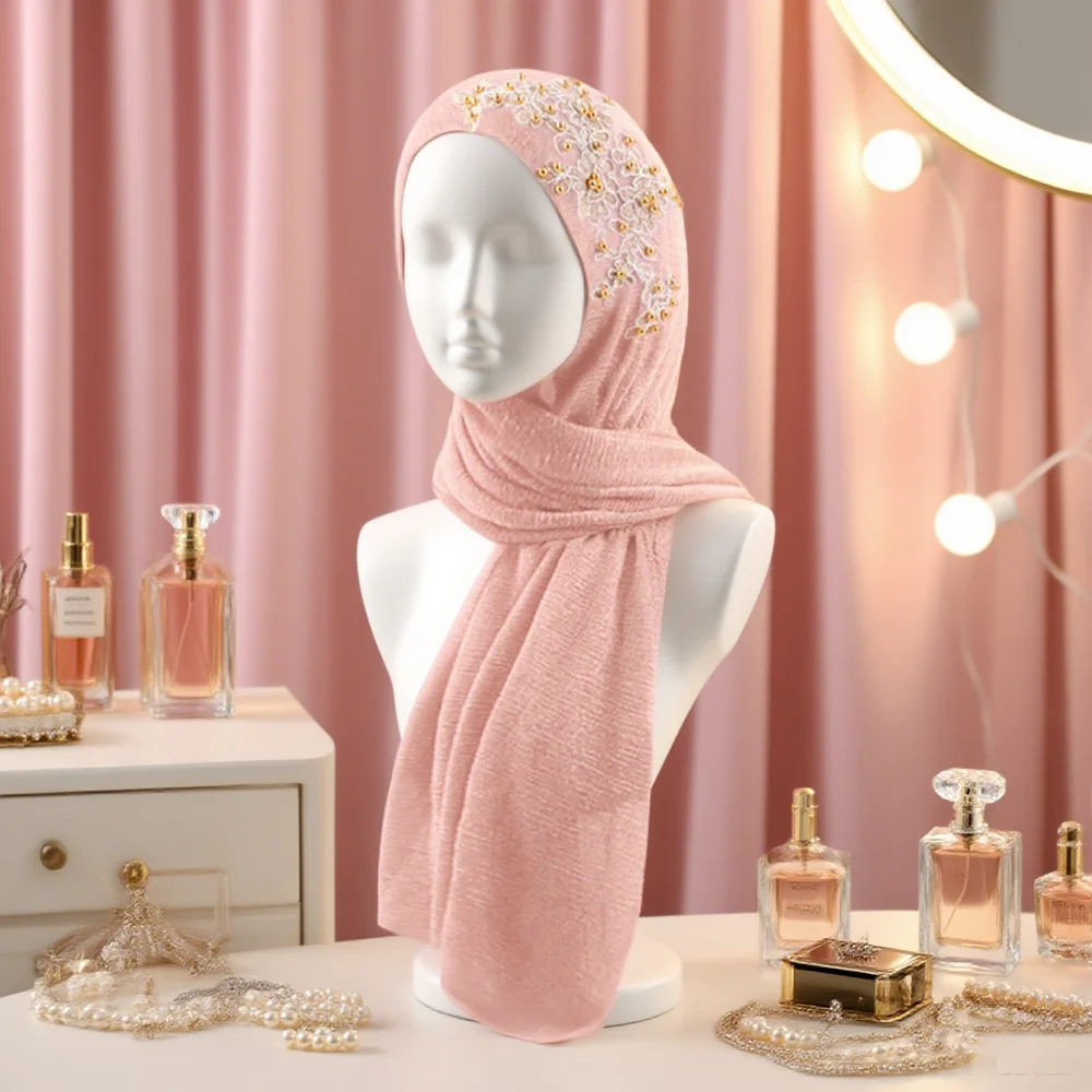 

Шарф с блестящими бусинами из люрекса, мусульманский женский хиджаб, плиссированный мерцающий хиджаб, исламский платок, блестящая шаль, Рабандан, Ид, бандана, повязка на голову