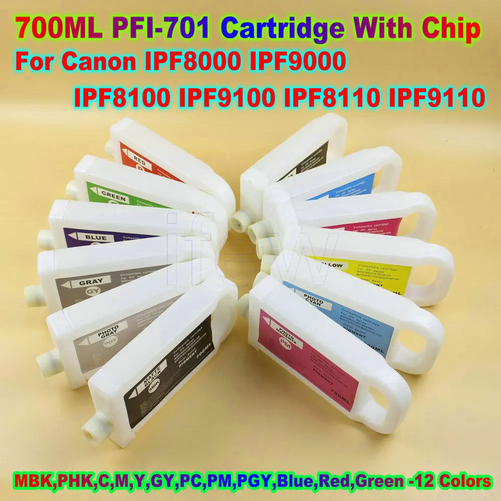 

700ML PFI-701 PFI 701 Empty Refill Ink Cartridge With Chip For Canon iPF8000 iPF8100 iPF9000 iPF9100 iPF8110 iPF9110 Printer Kit