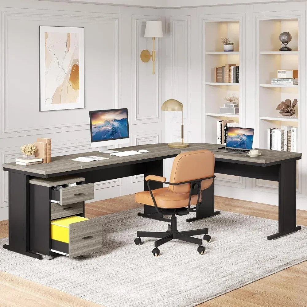 83 Inch L-Shaped Desk with Drawers, Large Executive Office Desk with 3-Drawer File Cabinet, Industrial Corner Computer Desk