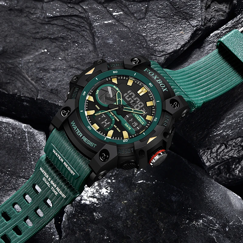 FOXBOX TOP Men's watches quartz wristwatch waterproof dual time display military men's clock watches for men reloj hommes+BOX