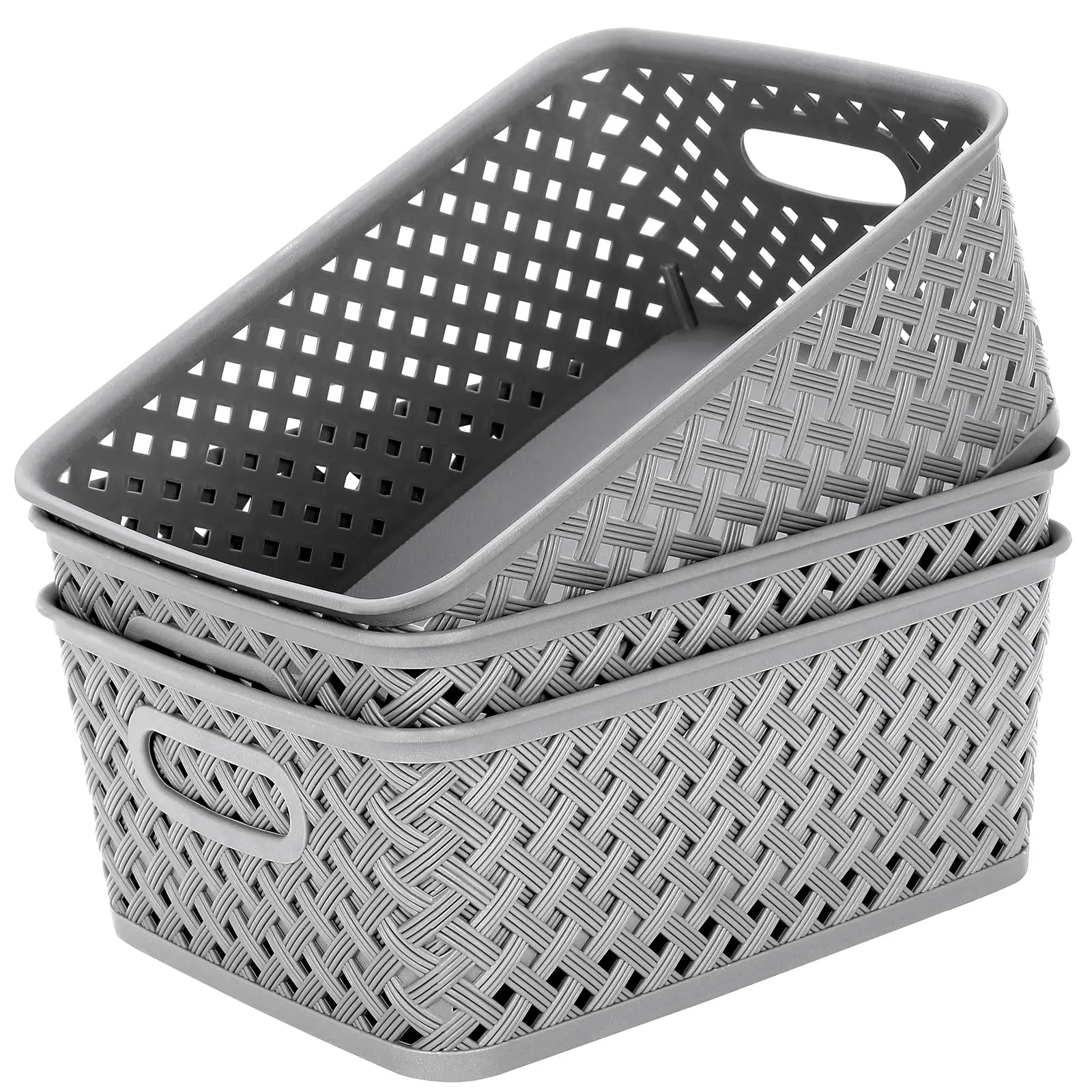 3 Pcs Plastic Storage Baskets Organization Elegant Woven with Window-View Small Storage Bins Organization Baskets for Home