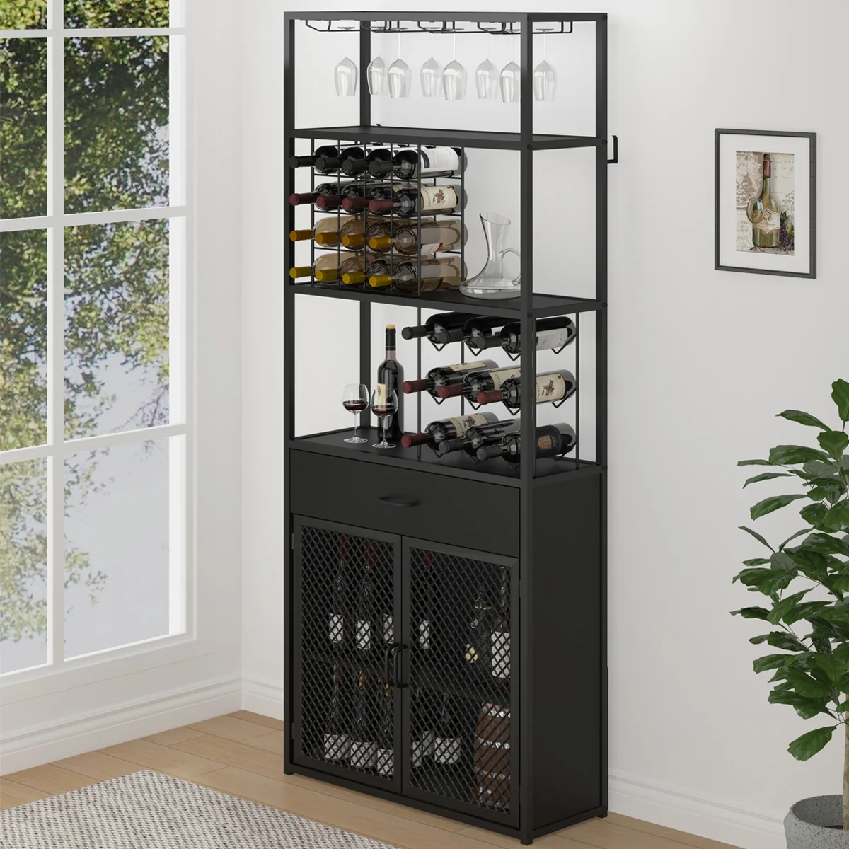 

Customized Modern Style Wine Shelves Display Shelf Wall Wine Rack with Drawer Bar Cabinet