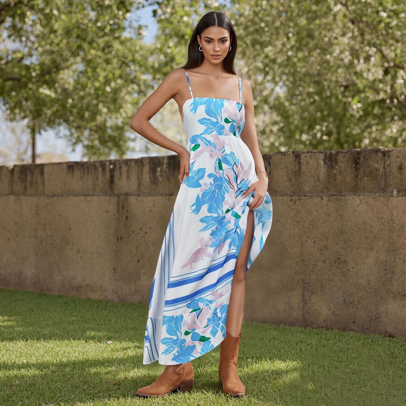 Abito lungo con canotta floreale per donna Abito estivo alla moda con cinturino per spaghetti senza maniche A Line Cami