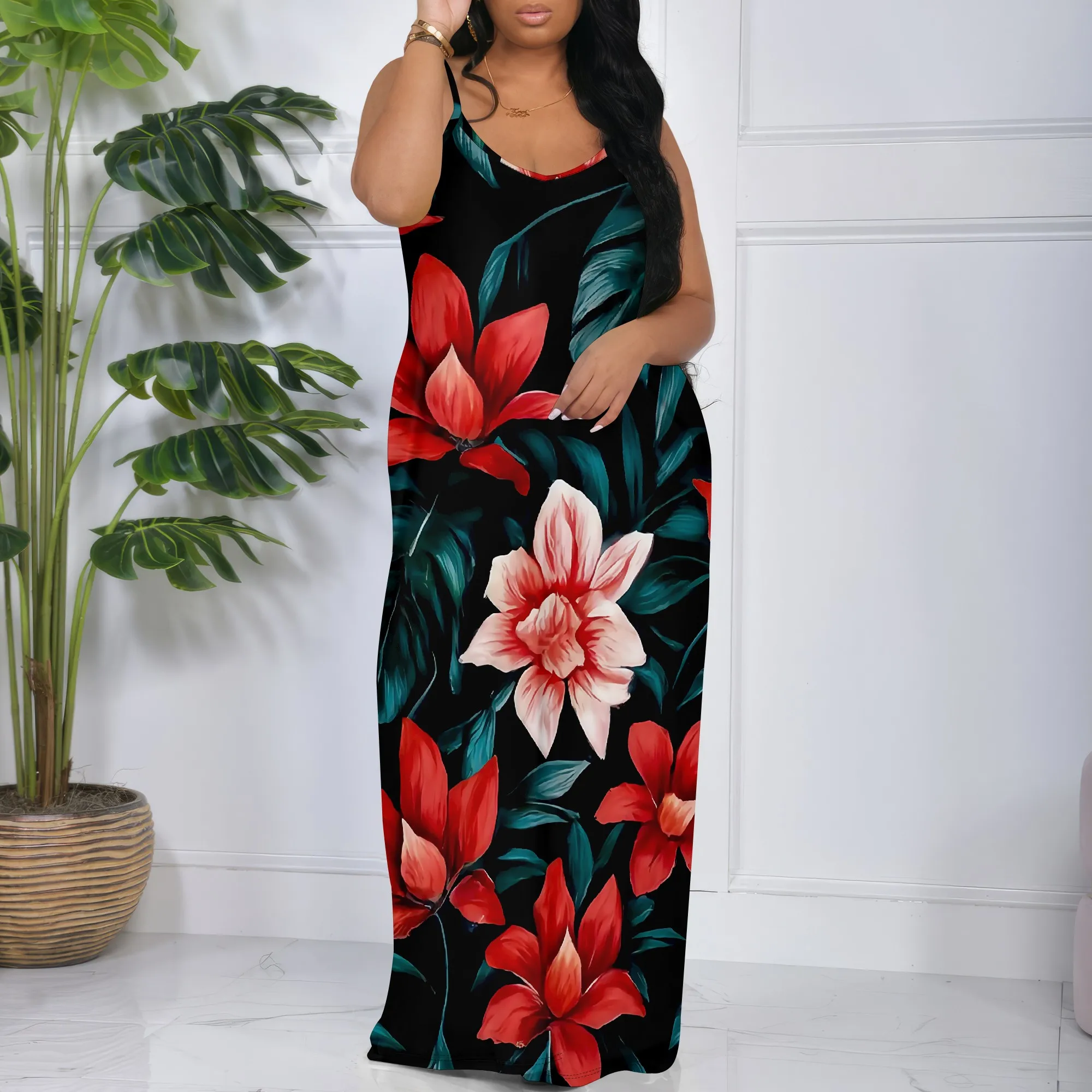 

Red Floral Print Maxi Dress S‑3XL Spaghetti Strap Loose Fit Summer Style for Beach Vacation, Tropical Wedding or Resort Look