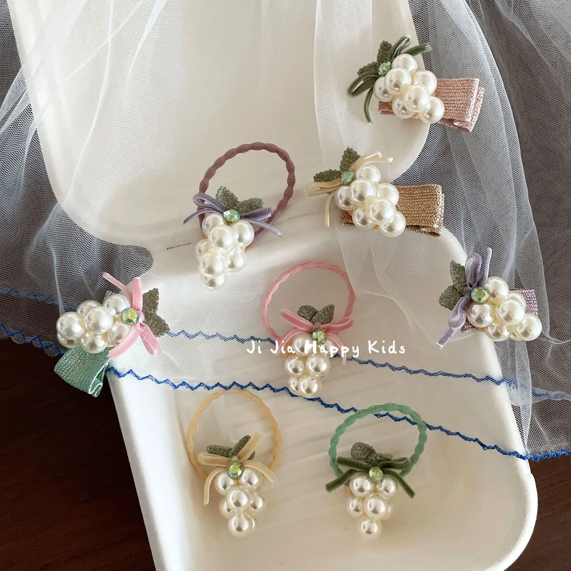 Hair Ties Hair Clips Handmade Faux Pearl Grape Mesh Bow Sweet Girls Ponytail Headwear Accessories Lightweight Small Daily
