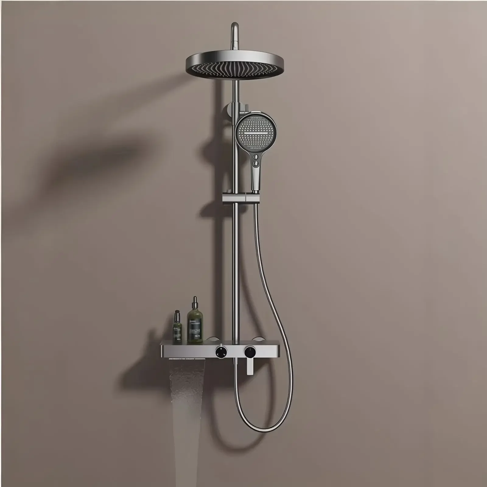 #Rain Shower Head Set, Waterfall Spout, 2 in 1 Shower Shelf, Cold and Hot, Brass Brushed Gold, Bathroom Fixture view 2
