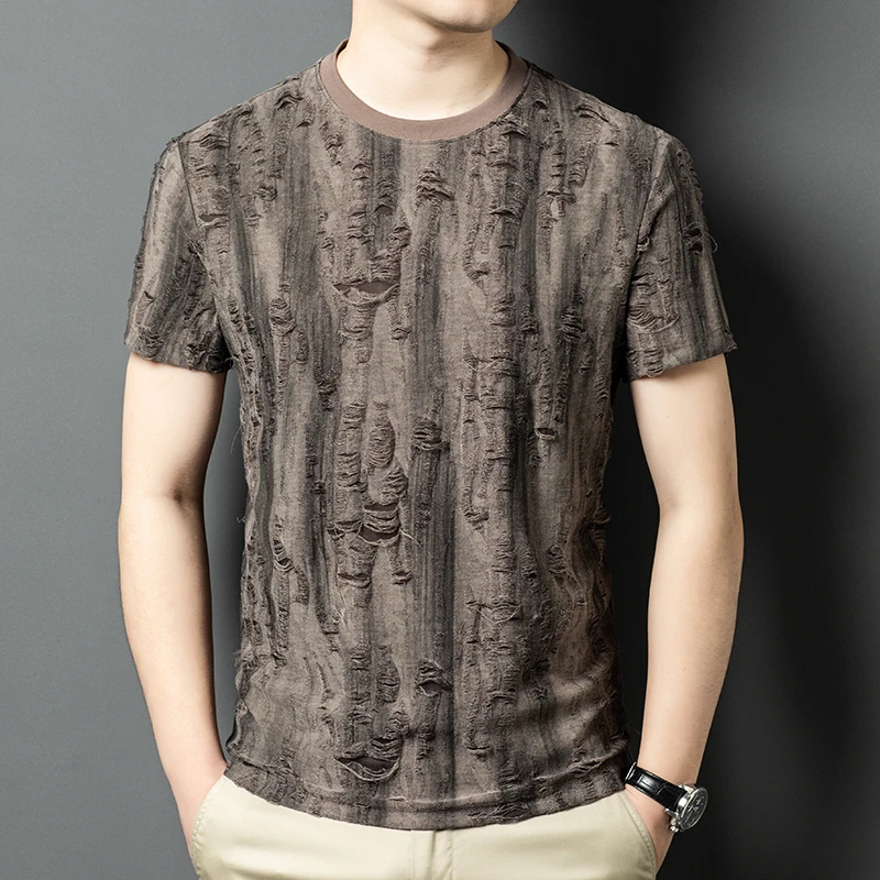 Torn Hole Design O-Neck T Shirt For Men Short Sleeve Casual Trendy Summer Quality Polyester&Cotton Exquisite Camisetas De Hombre
