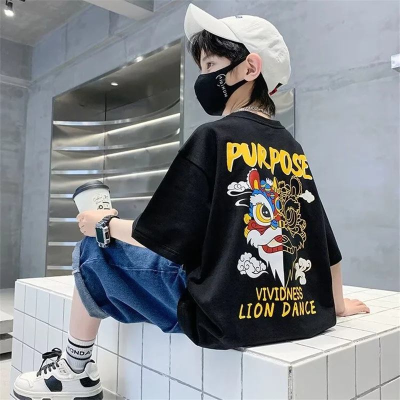 Korean Children's Clothes 2025 Fashion Printing Cartoon T-shirt Boys and Girls' Clothing Chinese Style Street Short Sleeve Tops