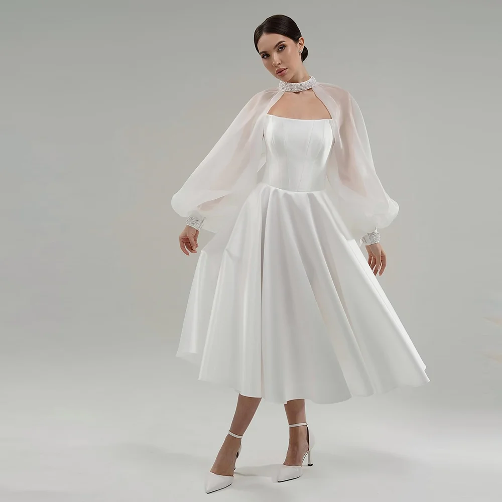 

Women Vestidos De Novia Strapless Satin Prom Party Dress with Detachable Jackets A-line Lace up Tea-Length for Graduation Dress