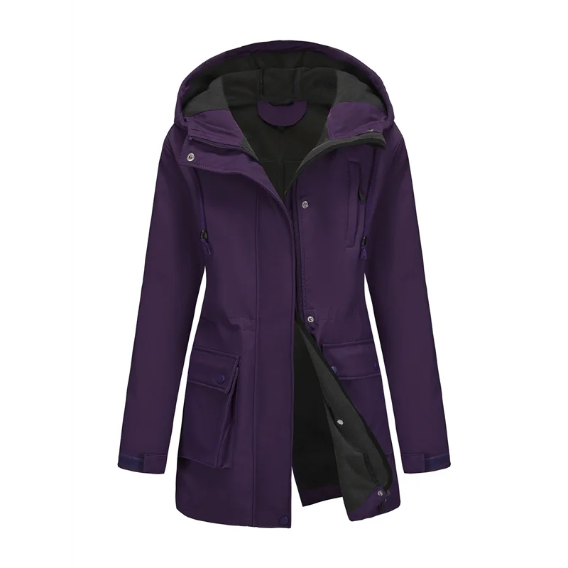 

Women Waterproof Softshell Jackets Warm Fleece Lined Coats With Hood Long Rain Jacket