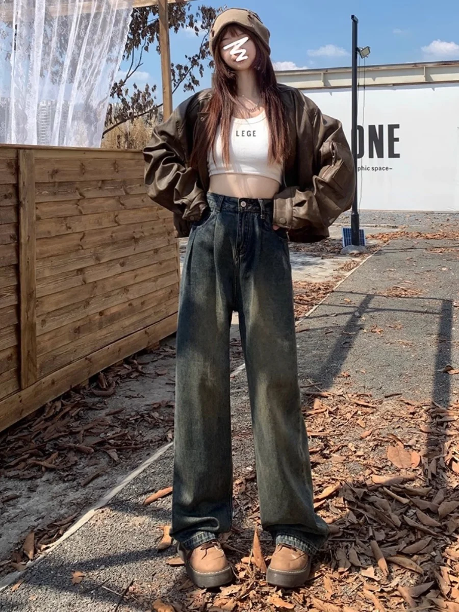 

High Waist Wide Leg Jeans Women's Loose Fitting Slimming Spring Autumn Fleece Large Size Pear Shape Straight Floor-Length Pants