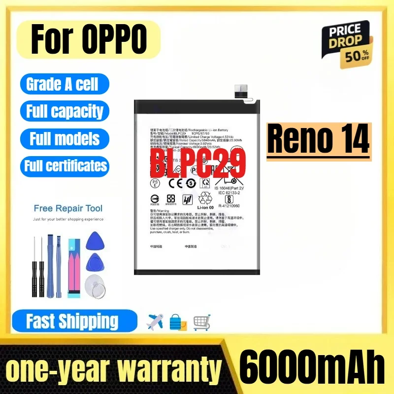 BLPC29 for OPPO Reno 14 Phone Battery 0 cycle high quality high capacity battery replacement Bateria Grade A cell with tools