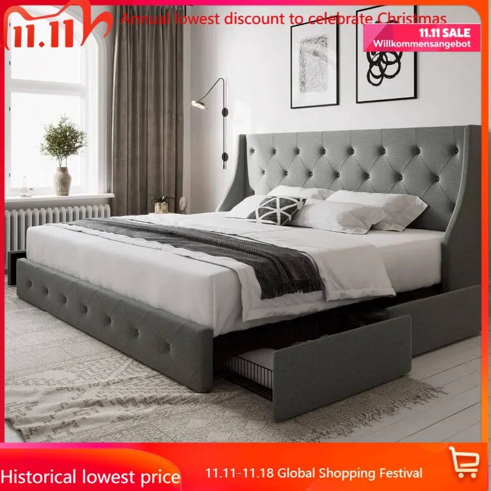 Queen-size bed frame with 4 storage drawers and wing-back headboard, button-tufted design, no need for a box spring