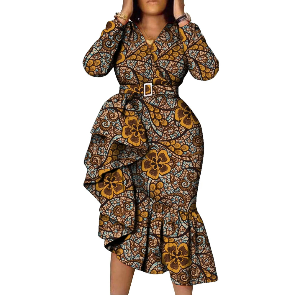 African Long Sleeve Women's Dress Wax Printed Kitenge Design Ruffle Irregular Hemline Dresses African Women Party Clothes WY676