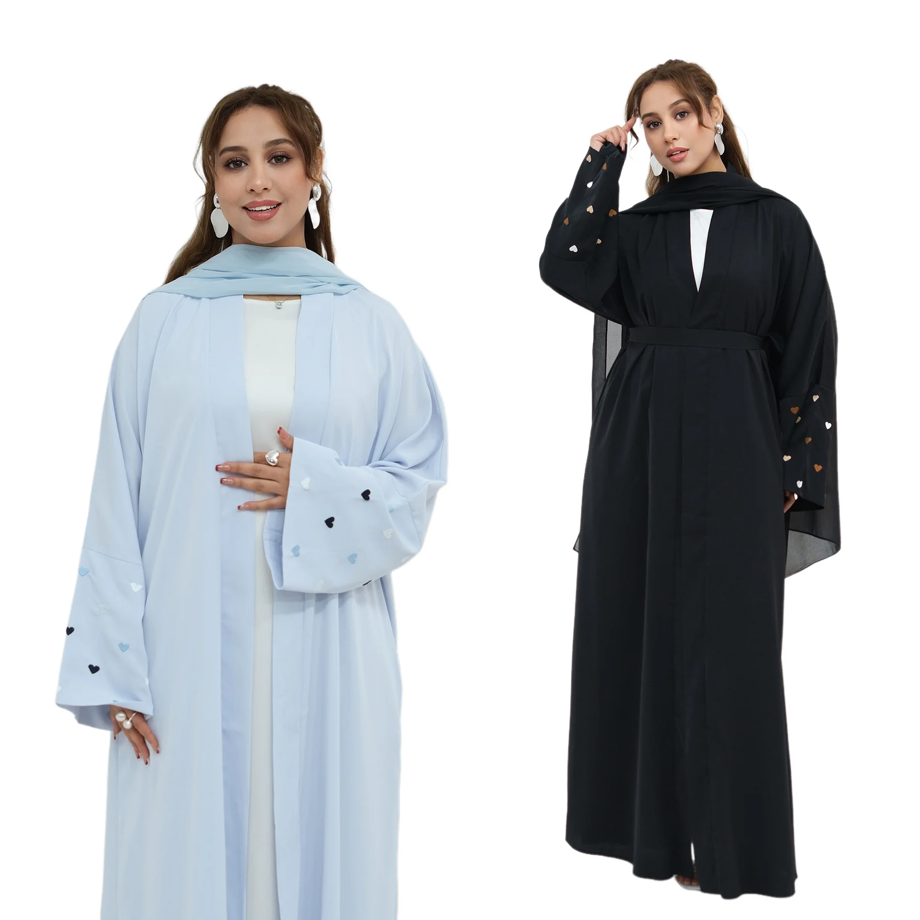 

Heart Embroidery Open Abaya Kimono Cardigan Hijab Dress Muslim Set for Women Modest Islam Clothing Kebaya Ramadan Robe Jalabiya