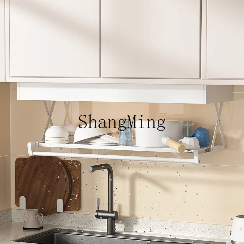 PYH Kitchen Shelf Wall Hanging Pull Down Extended Storage Multifunctional Shelf Drain Rack Pot Rack