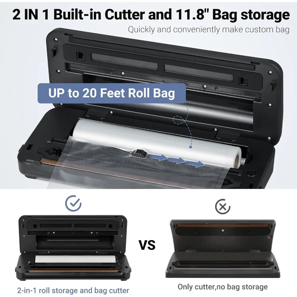 Selador de alimentos a vácuo para seco e úmido, 8 em 1, cortador embutido, armazenamento de sacos, 5 sacos pré-cortados, 90Kpa