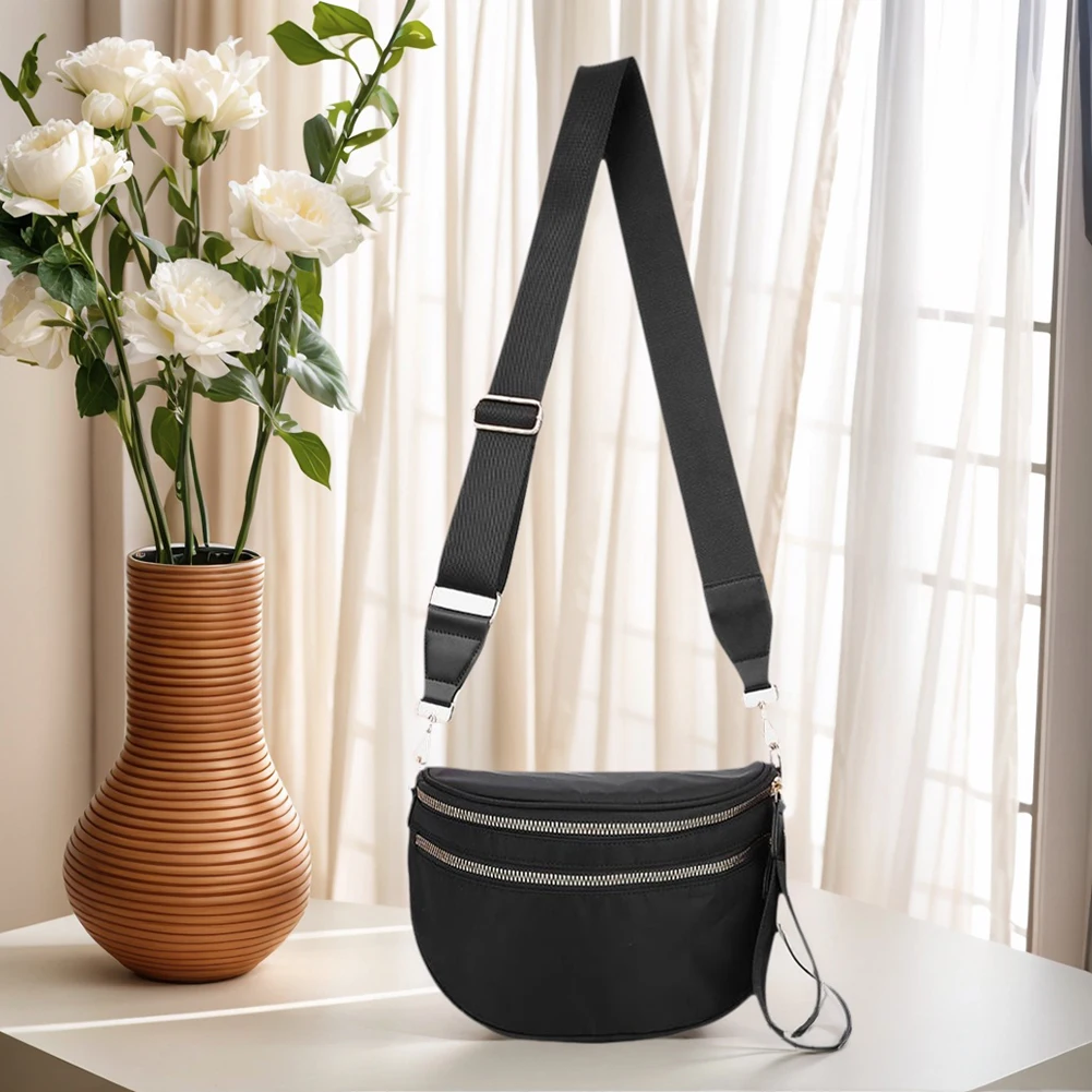 

Nylon Chest Bag Fashion Fanny Pack Dual Zippers Casual Sports Bag (Black)