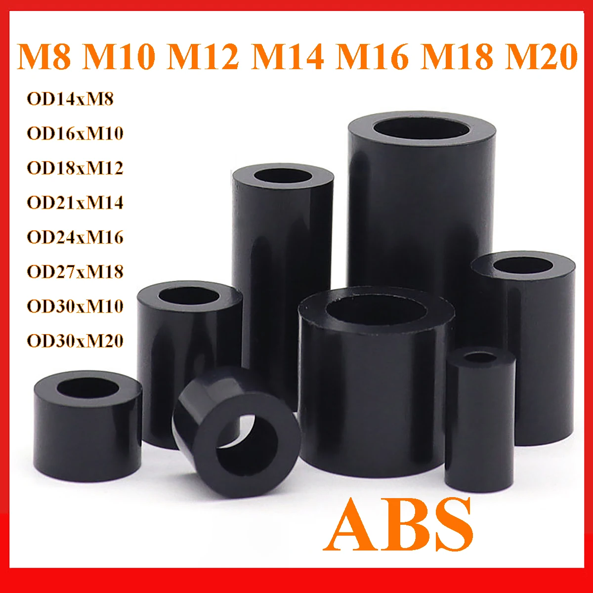 M8 M10 M12 M14 M16 M18 M20 Black ABS Isolation Pillar Non-Threaded Hollow Nylon Bushing Round Standoff Washer PCB Support Spacer