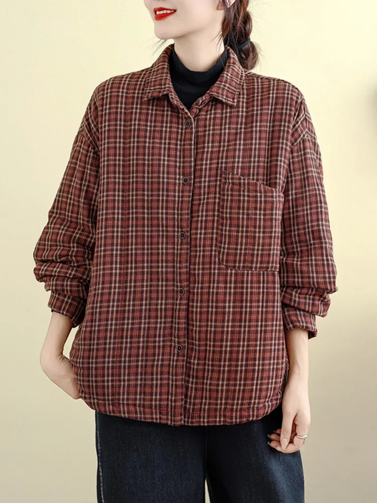 

Женская зимняя верхняя одежда в клетку в стиле ретро, свободная повседневная легкая теплая хлопковая куртка с хлопковой вставкой для похудения