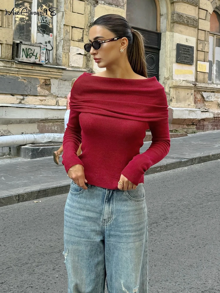 Mnealways18 Brightly Red Slash Neck Knitted T-Shirts Womens Ruched Long Sleeve Pullover Sweater High Street Ladies Slim Tee 2024