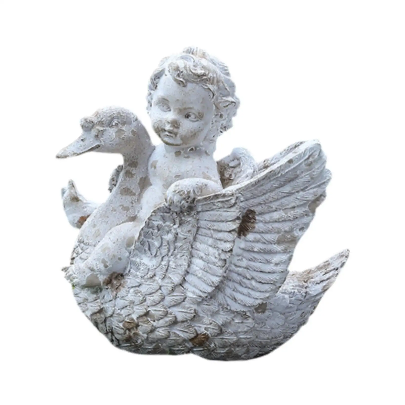 Angel Riding A Swan Garden Statue Sculpture for Pond Poolside Areas Porch