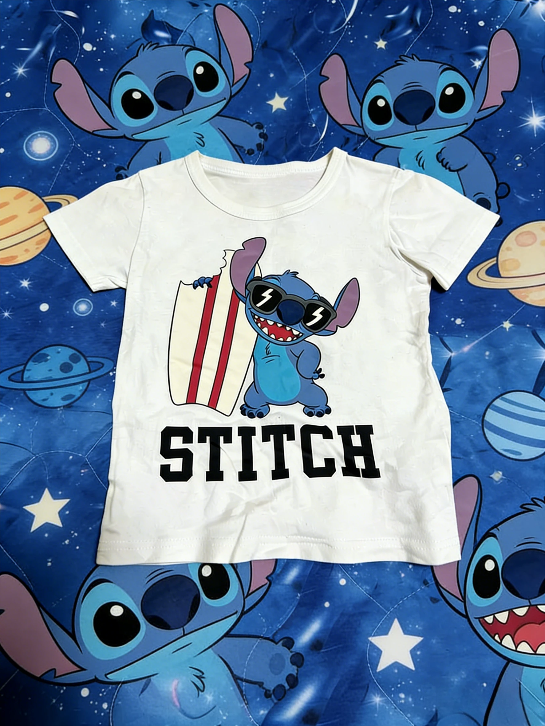 Disney Summer Surf Stitch 100% Pure Cotton Printed T-shirt for Men and Women, Casual Street Loose and Breathable Top Y2k