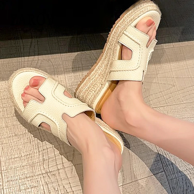 

ZAROY Summer 5CM Platform Shoes Women Wedge Sandals Designer Soft Leather Boho Woven Sole Thick-soled Beach Slippers Zapatos