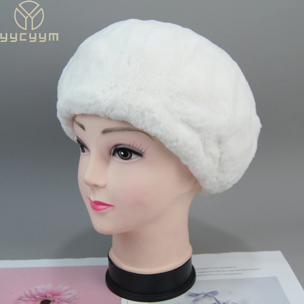 2024 Russian Winter Warm Genuine Fur Hat Knit Lady Real Fur Beanies Hats Women Flowers Striped 100% Natural Rex Rabbit Fur Cap