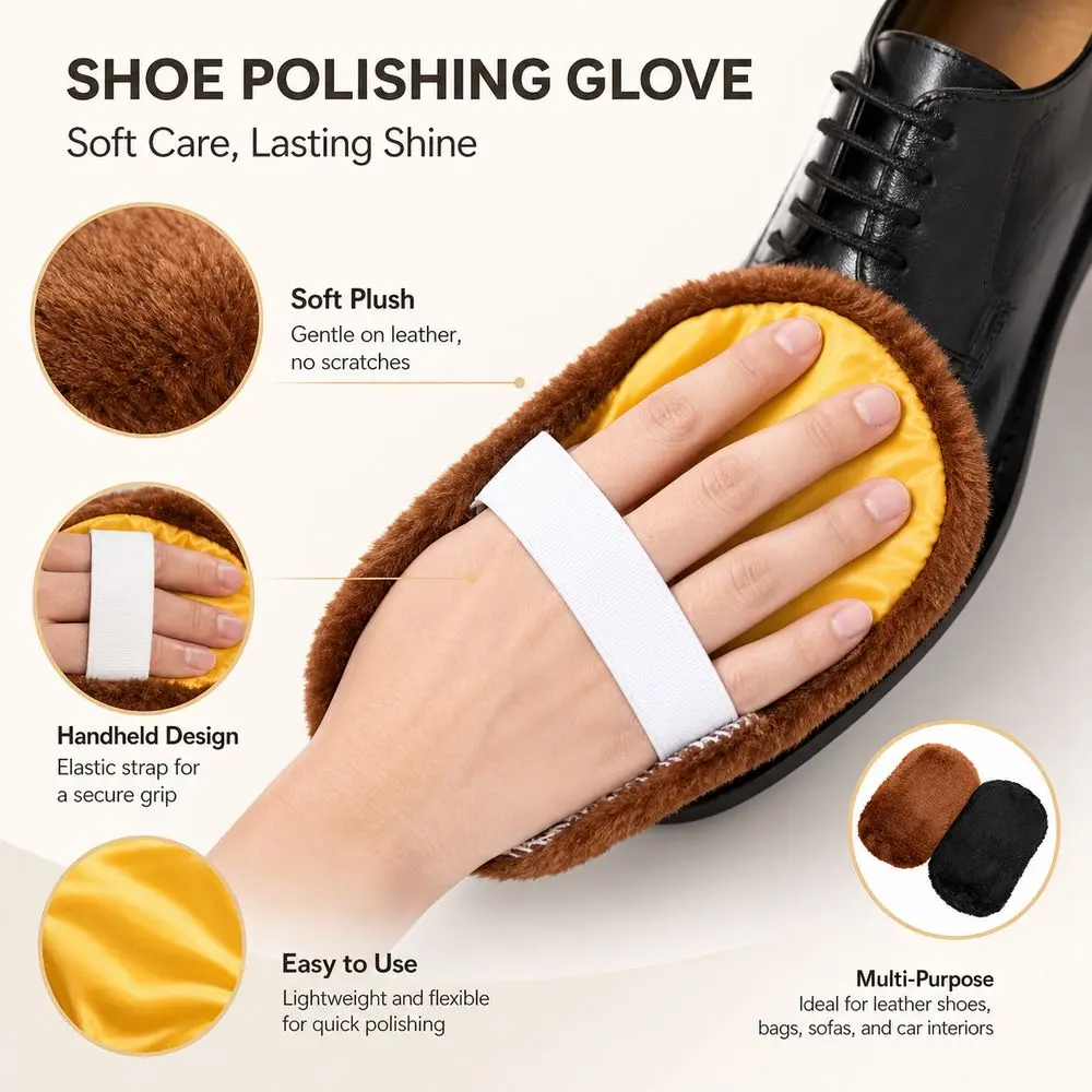 Leather Polishing Mitt Shoe Polishing Glove Faux Wool Shoe Shine Cloth Shoe Shine Mitt Elastic Hand Strap Handheld
