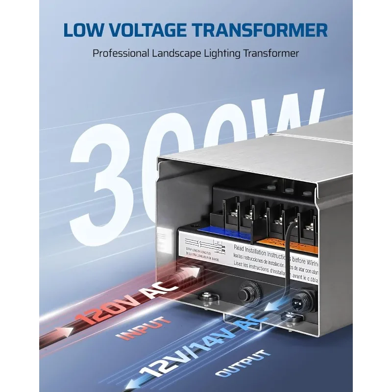 محول مناظر طبيعية بجهد منخفض 300 وات، متعدد المناطق، محول إضاءة المناظر الطبيعية الخارجية مع مستشعر الخلية الكهروضوئية وتيم