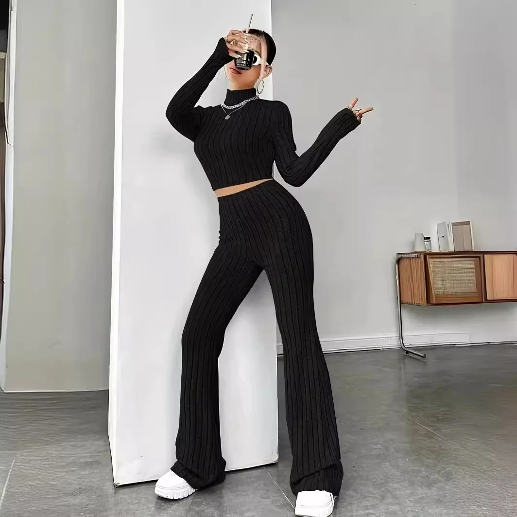 

Women's Solid Color Knit Suit Spring Summer Stand Collar Striped Long Sleeve Pullover Top And Pants Streetwear Two Piece Set