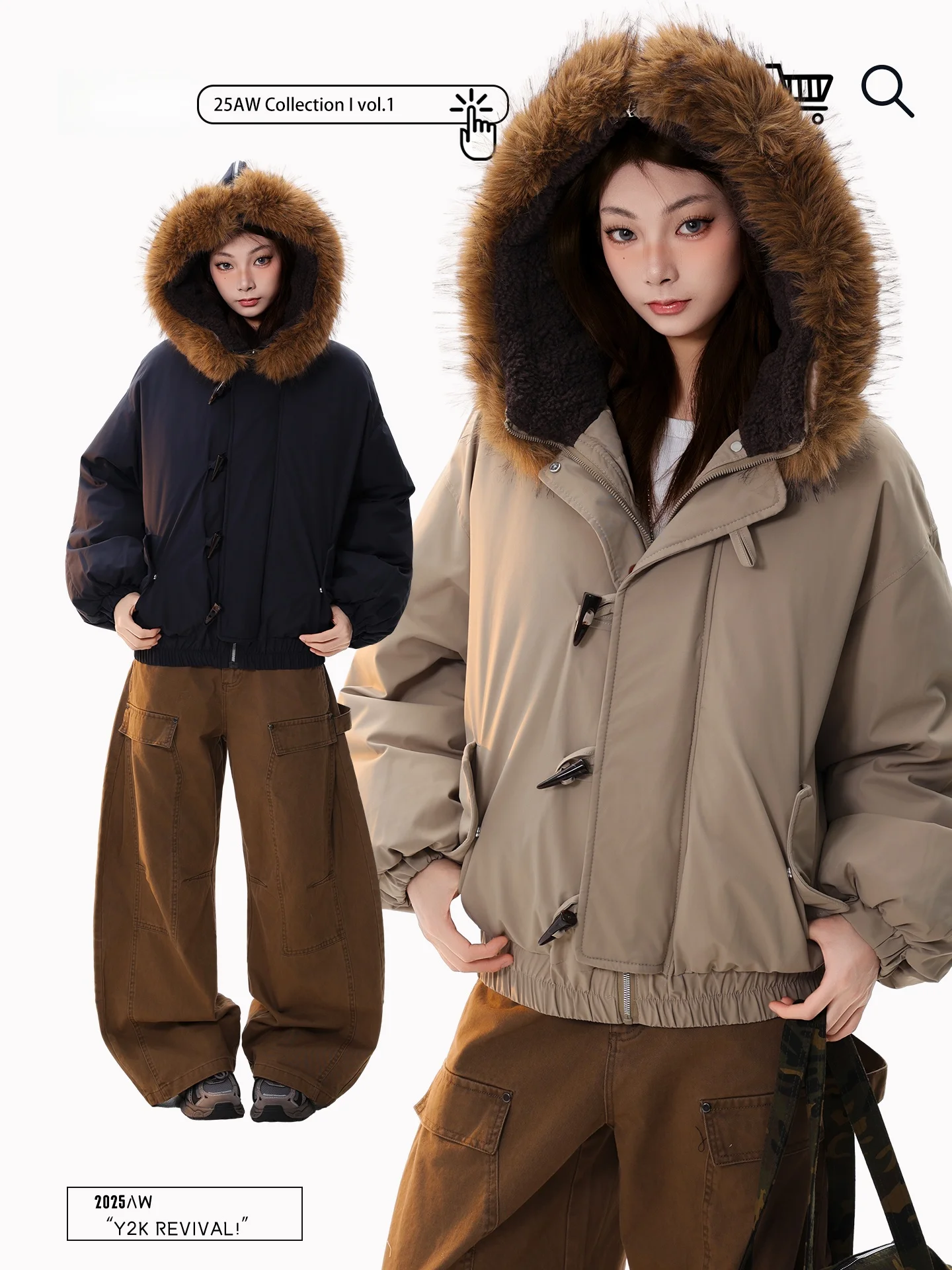 

Куртка PBB в американском ретро-стиле с капюшоном на молнии, утепленная, для женщин, для повседневной носки, теплая, цветная, парная, хлопковая, с большим меховым воротником