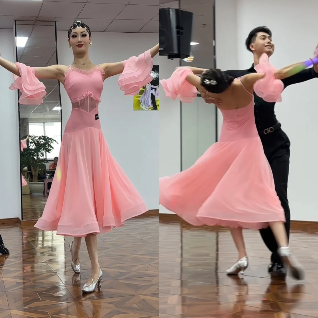Rosa dança de salão desempenho vestido braçadeiras feminino baile clube valsa dança traje competição vestido palco dança wear bl16794