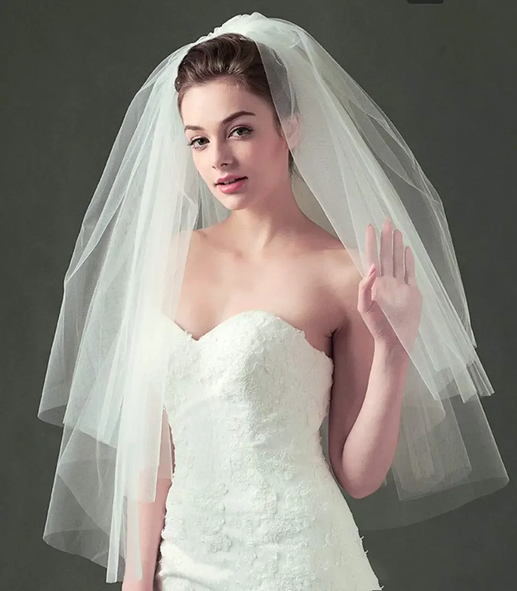 Voile de mariage court en tulle blanc pour patients, fard à joues, peigne, accessoires pour cheveux de mariée, femmes et filles, 2 niveaux