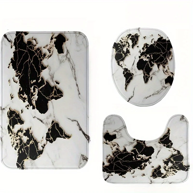 

3pc Black world map pattern, polyester fabric, machine washable, U-shaped mat, toilet seat cover, non-slip mat