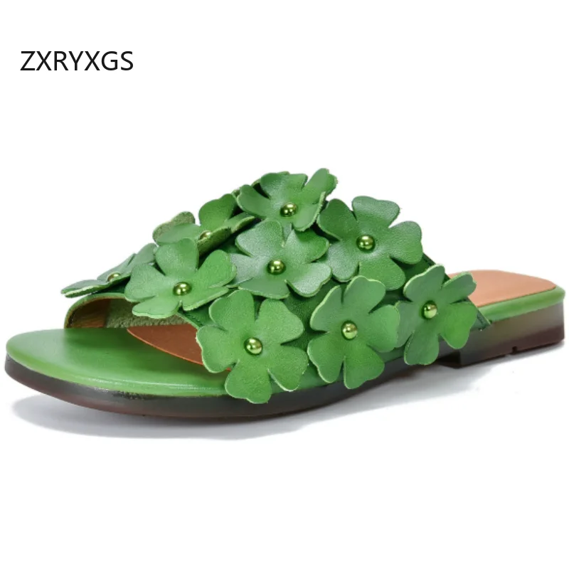

ZXRYXGS Top Cowhide Flower Slippers Modem Shoes Woman 2026 Summer Open Toe Full Real Leather Slippers Flat Outerwear Slipper