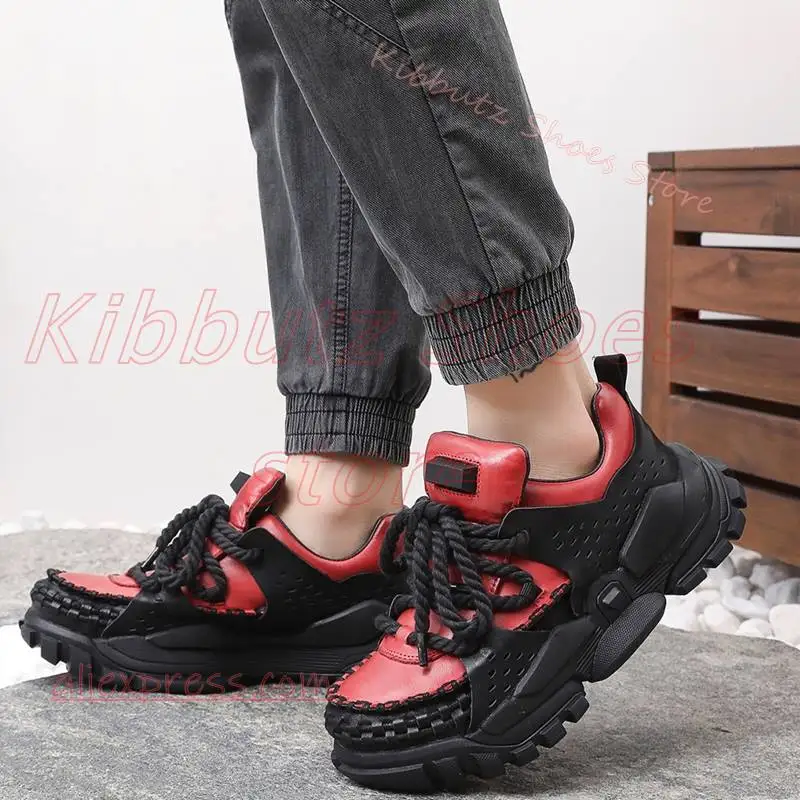 Platform Sneakers Chunky Sole Two Tone Lace Up High Top Round Toe Punk Streetwear Casual Footwear Leather Patchwork Fashion New