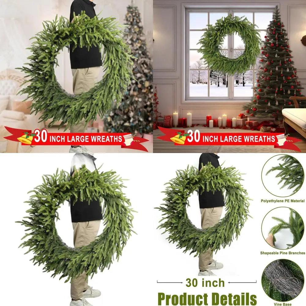 

Realistic 30 Faux Cedar Wreath - Thick, Lush & Bendable for Outdoor/Indoor Christmas Decor