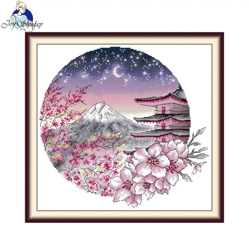 

Joy Sunday Cross Stitch Kit Cherry Blossoms and Mount Fuji Printed Counted Fabric 16/14/11CT DIY Embroidery Kit Japanese-style