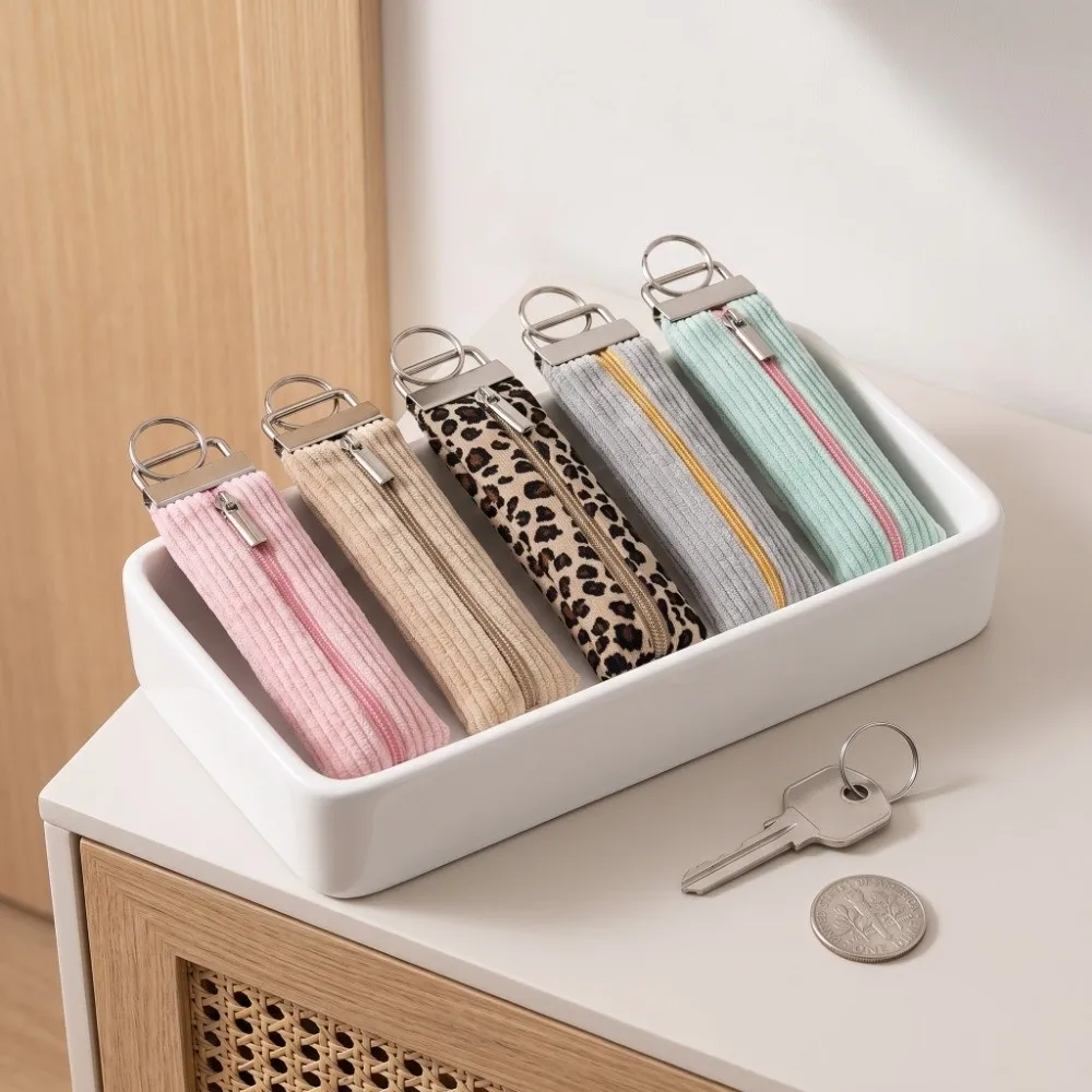 2-in-1 Mini Purse Keychain with Key Holder Compact Corduroy Multi-Color Coin Purse Metal Zipper Pull Soft Key Organizer Lipstick