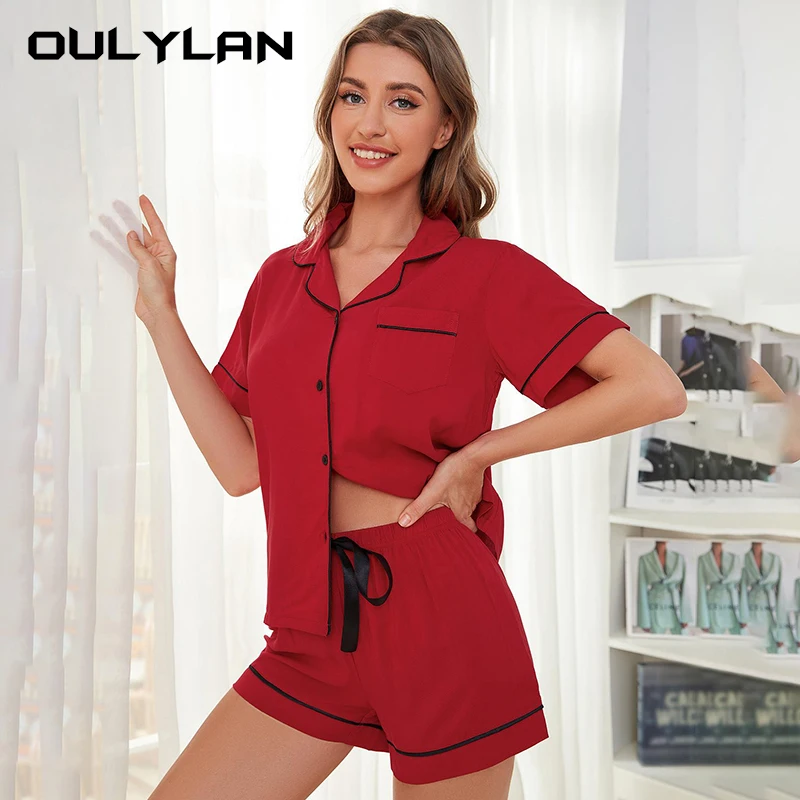 Women's Pajamas Sets Short Sleeve Notched Collar Top Tee Button Elastic Waist Shorts Home Suit Loungewear Sleepwear