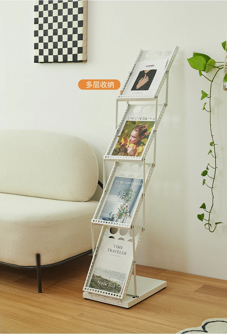 

Foldable bookshelf, magazine rack, floor to floor inset style newspaper display and storage rack