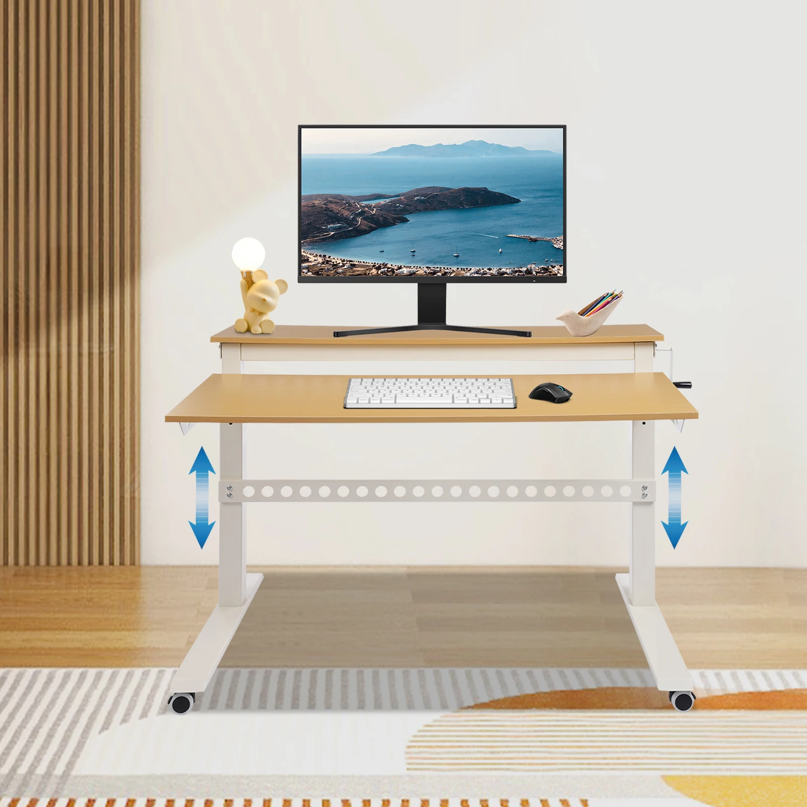 2-stufiger Stehschreibtisch mit Rollen, Höhenverstellbarer Schreibtisch aus Stahl und MDF, Stehtisch für Home Office, Studium, Gaming, Computertisch