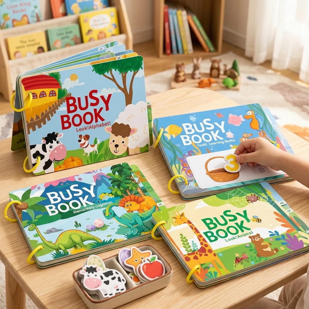 

PVC Busy Book Set 4 Activity Books For Toddlers, Peel and Stick Preschool Learning Toy, Quiet Travel Game For Kids 21x14cm