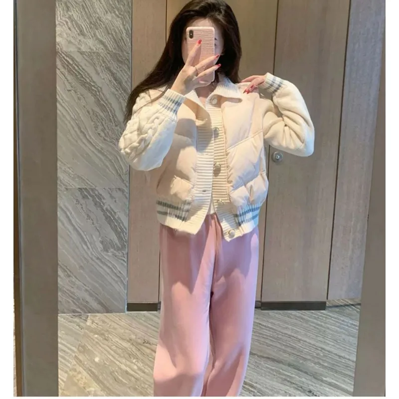 Pink Knit Splice Frivolous Down Padded Jacket Women's Autumn and Winter Advanced Sense of Design Minority Padded Jacket