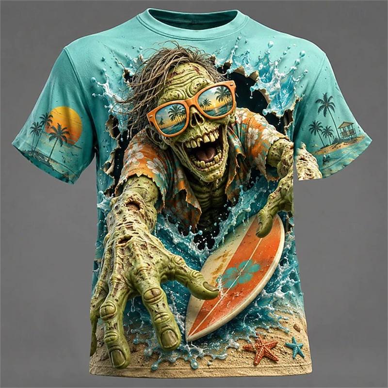Men's Fashionable Street-Style Crew-Neck T-Shirt Casual Top with Creative Horror Zombie Print Men's Halloween Party Wear