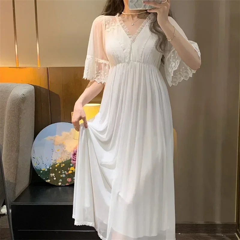 Nightdress Female Summer Bath Lace Retro Princess Nightwear Loose Palace Robe Home White Dress Long Sleepwear Style Nightgown