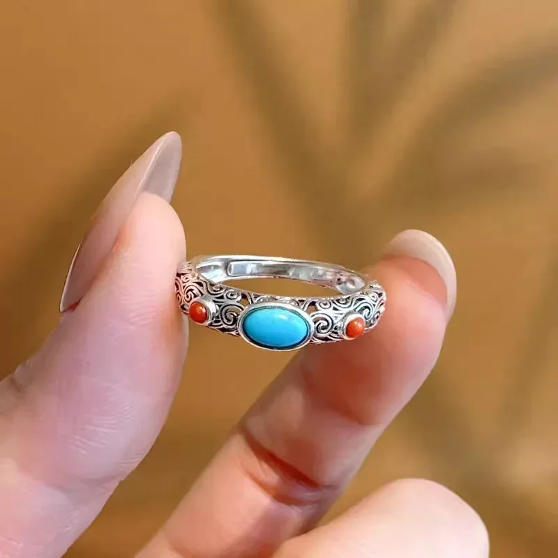 Fashion Hollow Pattern Rings for Women Retro Luxury Blue Stone Opening Index Finger Ring Boho Girls Jewelry Accessories Gift