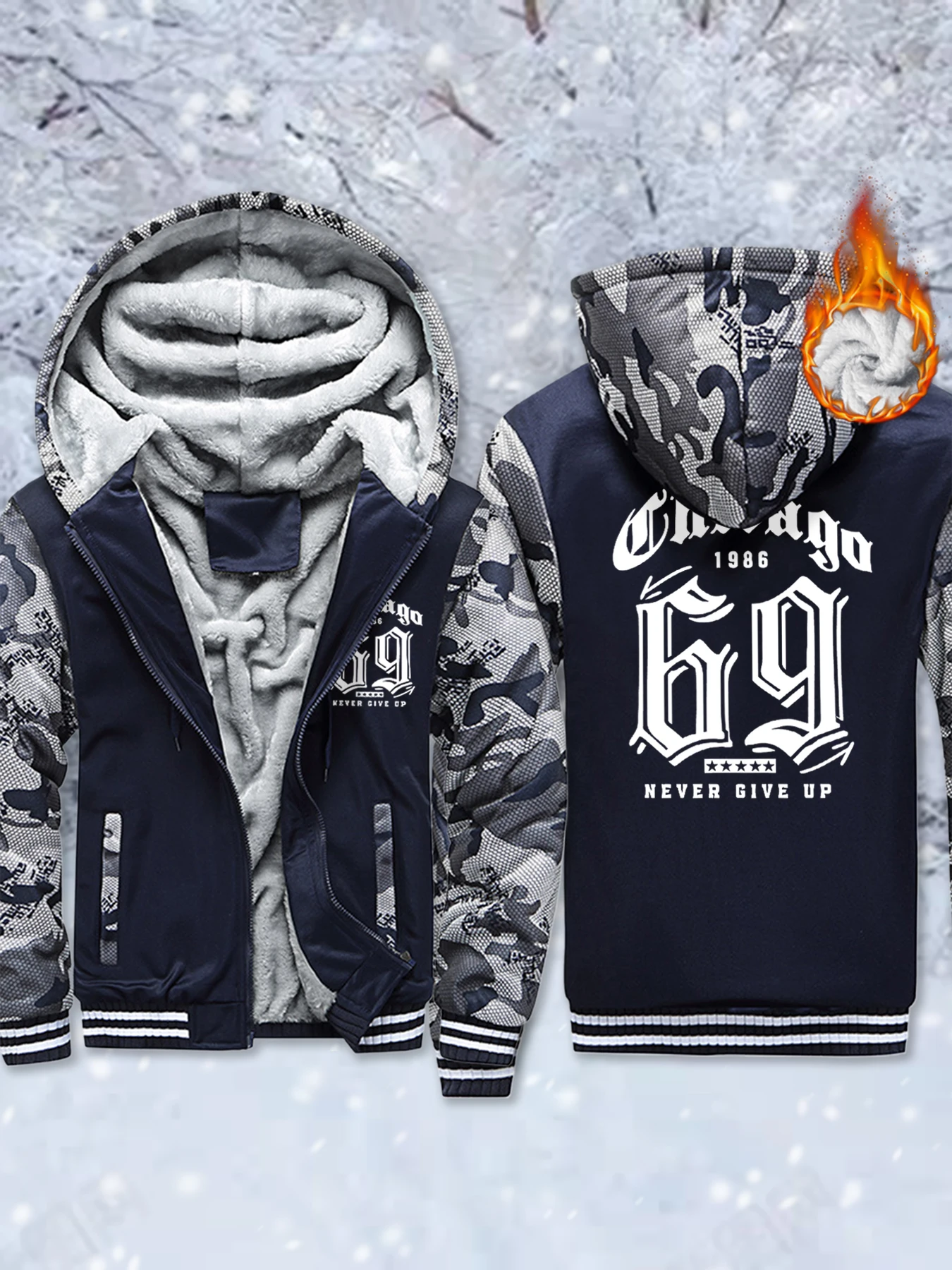 

Флисовые карманные куртки с принтом Chicago Never Give Up, мужское базовое пальто на молнии, утепленная зимняя спортивная одежда, удобная теплая верхняя одежда больших размеров